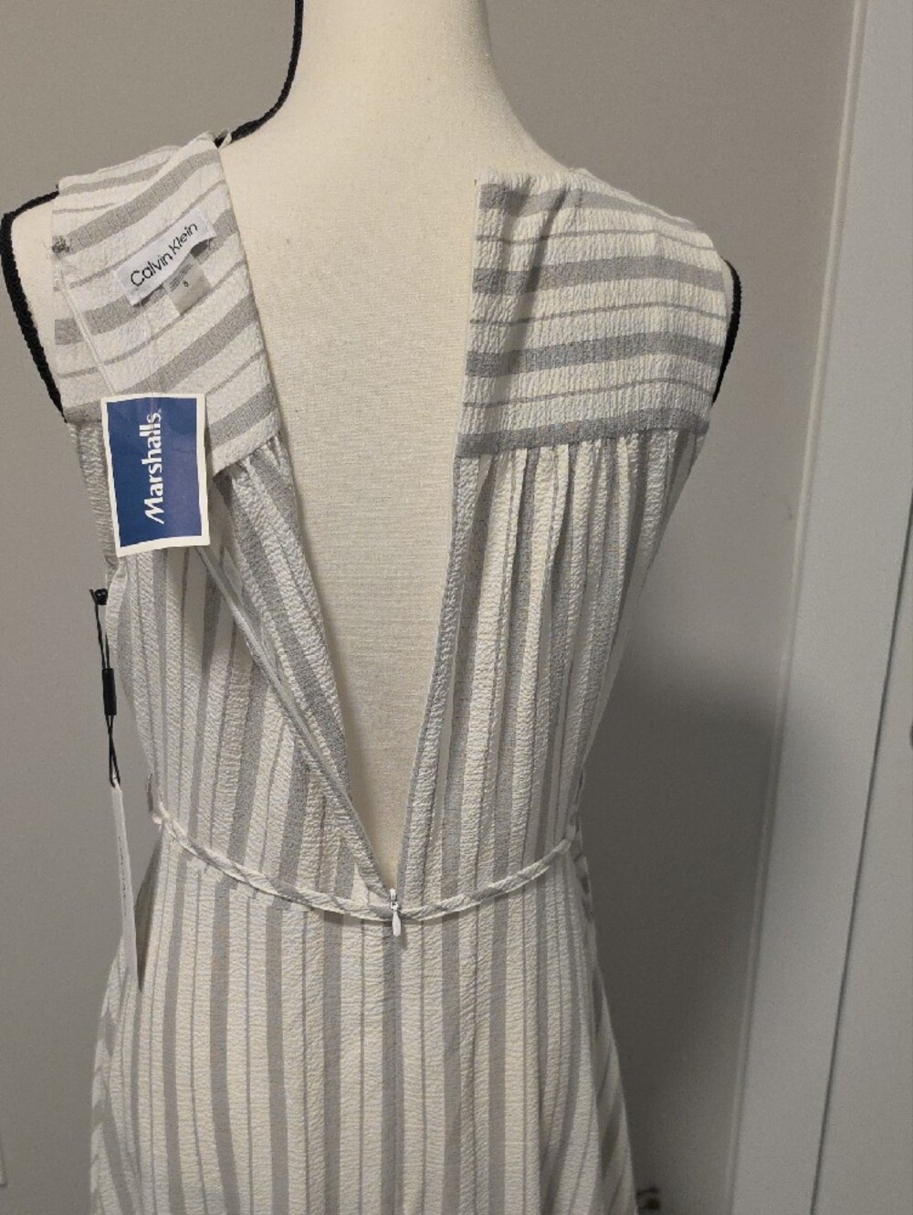 Calvin Klein White and Light Gray Striped Wrap Maxi Dress with Tie Waist - Picture 10 of 16